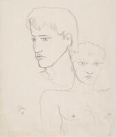 A sketch study of a young man.  There are two rendtitions of the model; in the bottom-right is a frontal drawing of his head, right shoulder, and chest.  In the middle is a study of the man's face, hair and neck, he is angled towards the left, facing away from the artist.