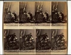 This is an uncut sheet of cartes-de-visites. Eight frames with varying poses and props show the Prince and Princess of Schönburg-Waldenburg with their young son.