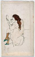 At the center of the page, there is a pen and ink drawing of a seated woman holding a small mirror. Her hair is colored a rich brown in watercolor and her stockings are orange and shoes green.