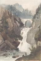 The watercolor depicts an arched bridge over a waterfall that cuts through rocky mountainous terrain dotted with evergreens. The waterfall flows down a short ways into a low, wide river. On the river's left bank are two men seen in silhouette. Beyond the bridge in the background distant mountains rise amid forests, and are rendered with an increasingly lighter technique to indicate aerial perspective and also perhaps mist or fog.
