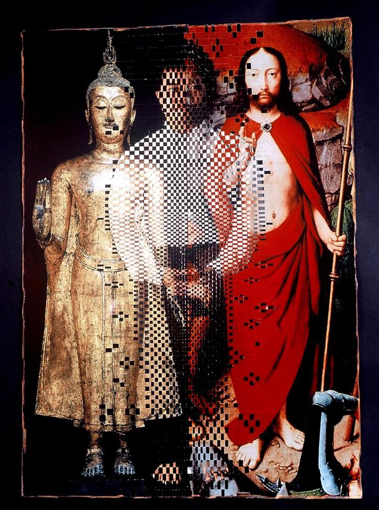 Image comprised of three figures with the central figure interwoven between a Buddhist statue and a Christ-like figure in a red robe. The material of the work is cut into strips and is woven together.