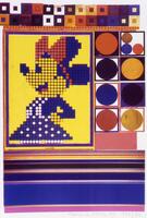 This multi-colored photolithograph has an image of Minnie Mouse at the left center surrounded by a variety of geometric shapes and lines. Minnie Mouse's body is made up of dots. Below the figure, there is small, blurry text that reads "April 12, 1945." 