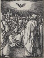 Woodcut unevenly trimmed with a clean image; some broken lines in light rays (left and right top) and dark folds of clothing.