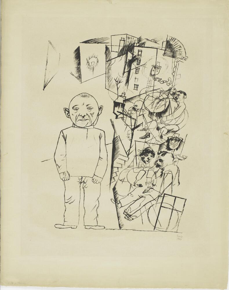 A sketching of a dour looking, mostly bald man standing with hands to his sides and feet pointed outward. To the viewer&#39;s right, there is an assembly of faces, bodies, and architectural elements climbing upward and into the background.