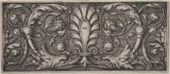 This small print depicts an ornamental pattern composed of curled acanthus leaves and spiralling vines terminating in flowers or buds. The plant ornament forms a symmetrical pattern around a central motif inscribed with the initials &quot;HSB,&quot; which are conjoined. This motif is framed by two horn-shaped containers that end in monsters&#39; heads.