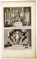 This print is broken into two scenes, each of which depict a sculpture of a deity in an architectural interior. Each figure is depicted as seated, or standing on a pedestal with worshippers standing or kneeling to each side. 