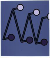 This print has two series of thick black parallel lines that form a zig-zag pattern and connect out to a series of spheres, resembling a wall-mounted coat rack. There are two lines of spheres; the three on the top are light purple and the three on the bottom are dark purple. The background and the structure created by the parallel lines is in a dark purple. The print is signed and editioned in pencil (l.r.) "Patrick Caulfield AP".