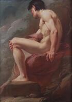 A muscular young male nude, seen in profile from the left, sits on a rock in a vaguely suggested outdoor setting.