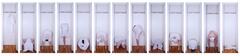 This work is a series of thirteen photographs of a person in a closet. &nbsp;The figure is dressed in a white t-shirt and makes various poses pulling the t-shirt over their body in different ways. Of the thirteen, one photograph is just the white t-shirt hanging in the closet and one is a photograph of the t-shirt on the floor; in both of these images the figure is absent.