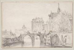 This small sketch presents a view along a waterway that passes beneath a double-arched bridge. The triangular sail of a small boat is visible just before the bridge, moored to the quai next to some sheds. A tall church with a central steeple rises on the right bank in the foreground, and two other tall buildings punctuate the middle ground and distance. The chimneys and rooflines of humbler dwellings appear on the left bank. Despite the urban setting, only a few figures may be glimpsed, including a man crossing the bridge on horseback.