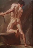 A nude, muscular man, seen from behind, leans upon his left leg, which is propped on a rock. He grasps a stick for support with his left hand, while bending his torso to the right and looking downward.  The lighting and colors vaguely suggest an outdoor environment.<br />