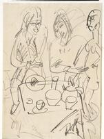 Three figures with canted tabletop set with teapot, carafe, and dishes. A nude figure stands on the right side of the image, representing the ethnographic statue that the artist admired and kept in his studio. Artist's sketch from life; Kirchner developed a rapid, stroke-oriented (as opposed to detail-oriented) sketch style.