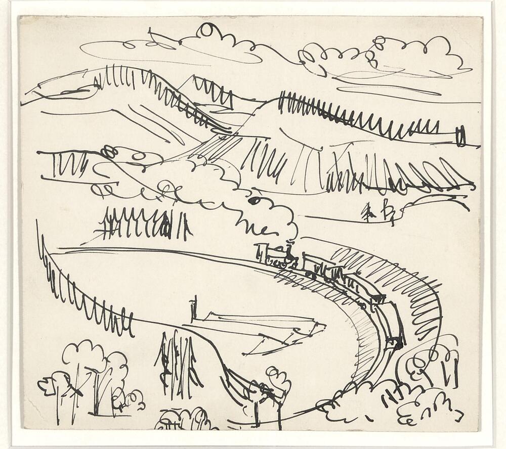 Train tracks curve from bottom center upward through center and off to the left; steaming locomotive pulling three freight cars past three storage sheds located in center of track loop. The background shows 3 mountain peaks, echoed in three clouds overhead. In the foreground, bottom corners are trees or other dense foliage. Artist's sketch from life; Kirchner developed a rapid, stroke-oriented (as opposed to detail-oriented) sketch style when out in the world.