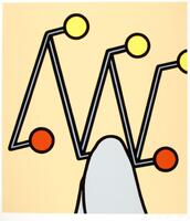 This print depicts a wall-mounted coat rack, depicted with black-outlined grey zig-zag bars that connect to three yellow spheres above, and two red spheres below. There is a light grey shape hanging over the center sphere. The background is uniformly colored a peachy-beige. The print is signed and editioned in pencile (l.r.) "Patrick Caulfield AP".