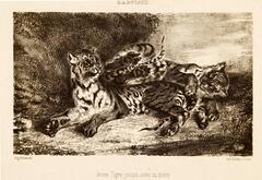 In this black and white print, there are two tigers in the center of the image: the larger one lays with its head to the left and the other lies on the first tiger's back in the opposite direction. The background is a closed-in scene, dark on the left side and lighter on the right. The print is titled (l.c.) "Jeune Tigre jouant avec sa mère", signed (l.l.) "Eug. Delacroix.", printer signed (l.r.) "Lith. Betauts.r.S.mare" and the series labeled (u.c.) "L'ARTISTE" in the plate.