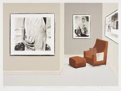 Print of the interior of a house featuring a brown chair and footstool as well as three black and white framed images on the walls. 