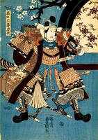 In this print, a warrior faces forward in elaborate armor. He is seated on a folding chair. In his right hand is a tasselled stick. A sword is visible near his left palm. He stands against a blue background. The wall behind him is painted with plum blossoms, and a recessed screen is covered with a dark floral pattern.<br /><br />
Inscriptions: Tsutaya, Kichizō (Publisher's seal); Fuku/Muramatsu (Censor's seals); Toyokuni ga (Signature); Izumi no Saburō Tadae