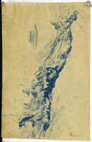 A study of a partial section of a gnarled, twisting tree trunk done in blue crayon. 