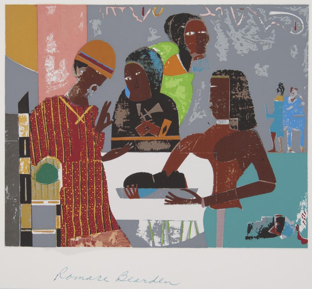 Four people are gathered around a white table in the foreground. A nude woman on the right holds the head of a man on a gray platter. The man&#39;s body is in the bottom right corner of the print with a red trail at the neck. Across from the woman is a man in a red garmet with black and yellow stripes, and a tan cap with a red and blue stripe. Across the table are two other figures and in the background to the right stand two men in blue, much smaller than the figures around the table.