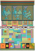 Very colorful print with a series of colored bands, separated with black lines, at the top. Below the rainbow-colored bands are three fragmented images of the head of the Disney character Goofy, in teal, pink, yellow and white. The main portion of the print below has a series of differently organized and vibrantly colored grids and square patterns. At the base, there is an olive colored box, outlined in black, with black text reading: "Protocol-Sentences' the most adequate cosmological symbol centricity and radial arrangements organized, as a rule, according to quaternary point p a point would in turn give rise to yet more neutrons until a veritable avalanche developed: [mathematical equation] / [mathematical equation] .... The mathematical implications of the process are quite explicit. A pound of uranium contains some needs. With this desideratun [<em>sic</em>] in mind, transfers from one setttlement to another will be made on an exchange basis, or refers to "the nullity of forms" and other normalizing / fa