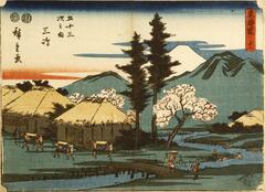 A view of a village by the river. Two pine trees and several cherry blossom trees are standing by the river. Several travelers are walking across the bridge, carrying parcels and goods. The river meanders and leads to the mountains in the distance.