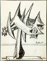 This drawing on paper shows an abstract sculptural object on a rectangular base. The object has one large spike coming from the base, with a large tree-like spikes branching out from the top. There is a double horizon line in the background where the artist has signed and dated the work in black crayon (c.r.) "Lipton 57".