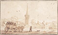 This work is horizontally oriented. The lower left quadrant shows a horse-pulled cart with peasants resting in it. In front of the cart, a man and a dog walk in a field. The sky occupies the upper half of the work, and the horizon line is dominated by a church steeple as well as buildings and trees. Birds circle in the sky.