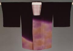 Silk Michiyuki coat with deep purple coloring (kinsha) on the top portion that transitions to shades of purples, pinks, and yellows on the bottom portion that has the appearance of puffy golden clouds ar sunrise.  The inner lining is a crosswork of white and pink that matches the pinks in the outer garment (hakebiki).