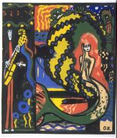 Geometrically patterned composition with bright saturated colors composed of a central female figure with mermaid&rsquo;s tail and bright red mane of hair; skull-headed figure at left with guitar; two green monster-like figures in upper right quadrant; two black fish with blue eyes near center.