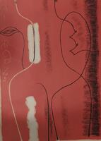 Black line drawing on a red and white background creating the appearance of both female thighs and two figures.&nbsp;