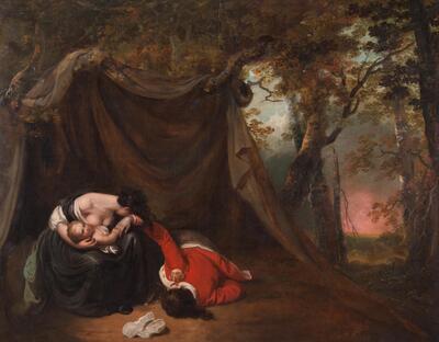 A fallen man in the red coat of the 18th c. British military officer lies face down in a landscape. To the left, holding his hand, is a grieving widow and infant son. Behind the grouping is a landscape that opens off to the left with the reddish glow of continued combat. Behind the figures, a drapery has been set in the trees to frame the grouping and separate it from the distant landscape behind them.
