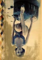 Advertisement image of young woman crouching on a block of wood with additional painted decoration along the left side and near the figure&#39;s head. The image is intentionally displayed upside down.