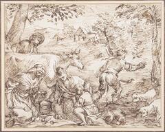 A group of figures are seen kneeling at the lower left in preparation of eating an al fresco meal. The figures consist of two women, two men, and a child, accompanied by a dog, curled up at the bottom right and two lambs or sheep at the right side. Two standing men and a cow are visible, as is the landscape behind the figures that includes trees and a house.<br />
Throughout, the work is unified by the consistent fluid and dense pen strokes that describe the figures and animals as well as the distant landscape and sky.