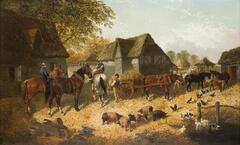 A farm scene depicting three men, horses, pigs, and a wagon. There are ducks in a small body of water in the foreground and buildings with thatched roofs in the background.