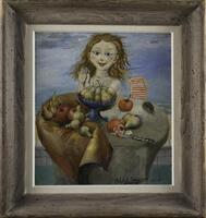 A girl at a table covered in fruit with a beach scene in the background
