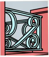 This colorful and graphic print shows the corner of some sort of balcony with a filigree cast-iron railing. The floor and the posts are outlined in thick black lines and colored in a vibrant pink color, while the railing is colored in an aqua. The background is a muted blue-green. The print is signed and editioned in pencil (l.r.) "Patrick Caulfield AP".