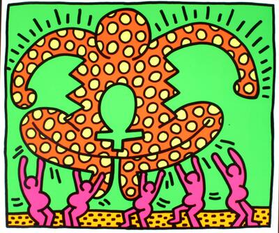 A large figure in orange with yellow polka dots crouches over five small pink figures who are holding the orange figure up. The symbol for women is drawn in green inside the large orange figure. The background is a flourscent green and the ground is yellow.<br />
<br />
EC 2017