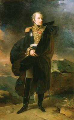 This portrait painting shows a full-length, life-size figure of a man. He is standing on the top of a mountain against the background of a sky with dark clouds and a rocky mountain range. He is facing the viewer but his gaze is directed to the right. He is dressed in a French military uniform of the Napoleonic time period, including black leather riding boots, a sabre and a large black cloak that billows in the wind. He holds his hat in his hands. His uniform decorations and medals are shown in great detail.<br />
