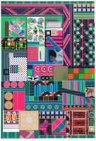 A very colorful print with a variety of panels, large and small, and overlapping, filled with designs of various types: stripes, checkers, grids, diamonds, circles, abstract shapes, circuit boards, etc. At the bottom left, in the print, there are two sets of text. One is black and white and reads: &quot;1 pyramide in form einer achtelskugel&quot;. The second is in white on a blue and green striped background and reads: &quot;PYRAMIDE IN FORM EINER ACHTELSKUGEL -- JUNE 1967&quot;. Print is dediated, signed, and dated (l.c.) &quot;For Diane Kirkpatrick -- Eduardo Paolozzi A/P 1967&quot; in pencil.