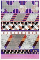 This print is in a series of colors: silver, black, three shades of purple, pink, tan, orange, and yellow. There are a series of bands with different background designs, mainly stripes, that are overlayed with shapes: triangles, hexagons, and trapezoids. At the base of the print, there is a pink band with text that reads: "COMPUTER - EPOCH. Another datum, the sound - integration of exactly 70 unimodulary equivalent flaite groups, linear operations with coefficients. A third element in theory is based on the dialectic of identity. The yes or no of the borderzone [<em>sic.</em>] developes an identical / transformation of information over the entire chains of cells. Ambivalence between optical isolation of form and openess in structuring while the stream of sub - atomic energy dribbles out. Each epoch is the static instantaneous picture of a process. This represents a / standstill of becoming not a static end, a condition of pluralism. / JUNE 1967" . Print is dedicated, signed and dated in pencil (l.r.) "For Dia