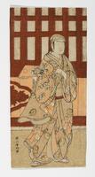 A man stands in front of a window, scowling. He holds a paddle in both hands. Cherry blossoms decorate his inner robe, shown under the half-removed outer robe decorated by robed figures. His head is covered by a cloth.<br /><br />
Inscriptions: Katsukawa Shunkō ga (Artist's Signature)<br /><br />
 