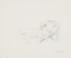 Drawing of a nude, partial male figue reclining on its side.
