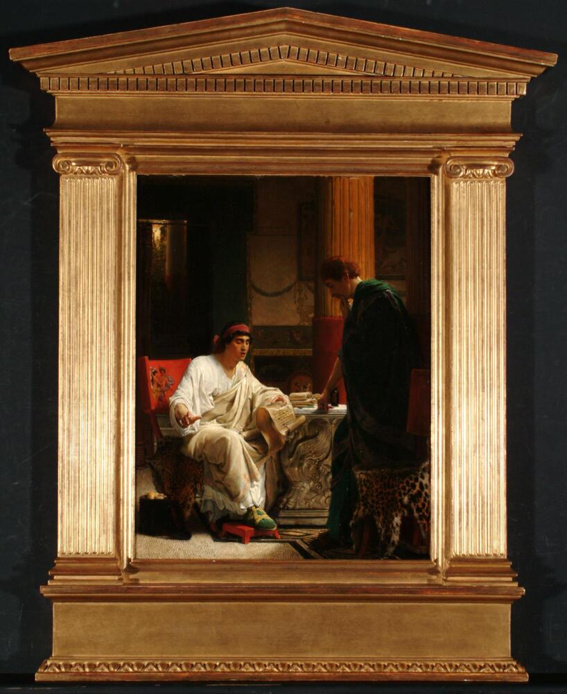 The Roman emperor Vespasian sits in an interior receiving a document from a standing figure to the right of the composition.  The emperor is dressed in a white robe and sits on a red chair to the left of the composition.  The interior is largely dark, with the exception of the emperor, whose figure is brightly lit.<br />The painting is in the original frame, which is constructed to resemble a Roman Temple with base, entablature, and fluted ionic pilasters.