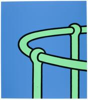 With a solid blue background, this print depicts a metal railing that is outlined in thick black lines and colored bright green. Coming from the center right, the railing is the only thing depicted in the print. The print is signed and editioned in pencil (l.r.) "Patrick Caulfield AP".