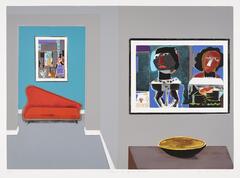 Print of a house interior. On the viewer's right is a picture hanging on a wall with a bowl in the foreground.  On the viewer's left is another room with a framed picture on the wall and a couch below the framed work.  