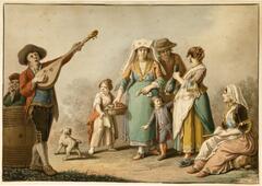 This watercolor depicts a group of three children, three adult females, two adult males, and one small dog. An adult male plays a string instrument on the far left side, and an adult female sits on the lower right side; the rest stand. All the figures wear vividly colored clothes.<br />