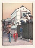 This print depicts a street scene in Tokyo, in which women, a child and a dog are portrayed.