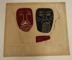 Two masks, one red and one black, lie next to each other. Surrounding the masks on three sides is a non-linear red line. Below the masks are multiple inscriptions.