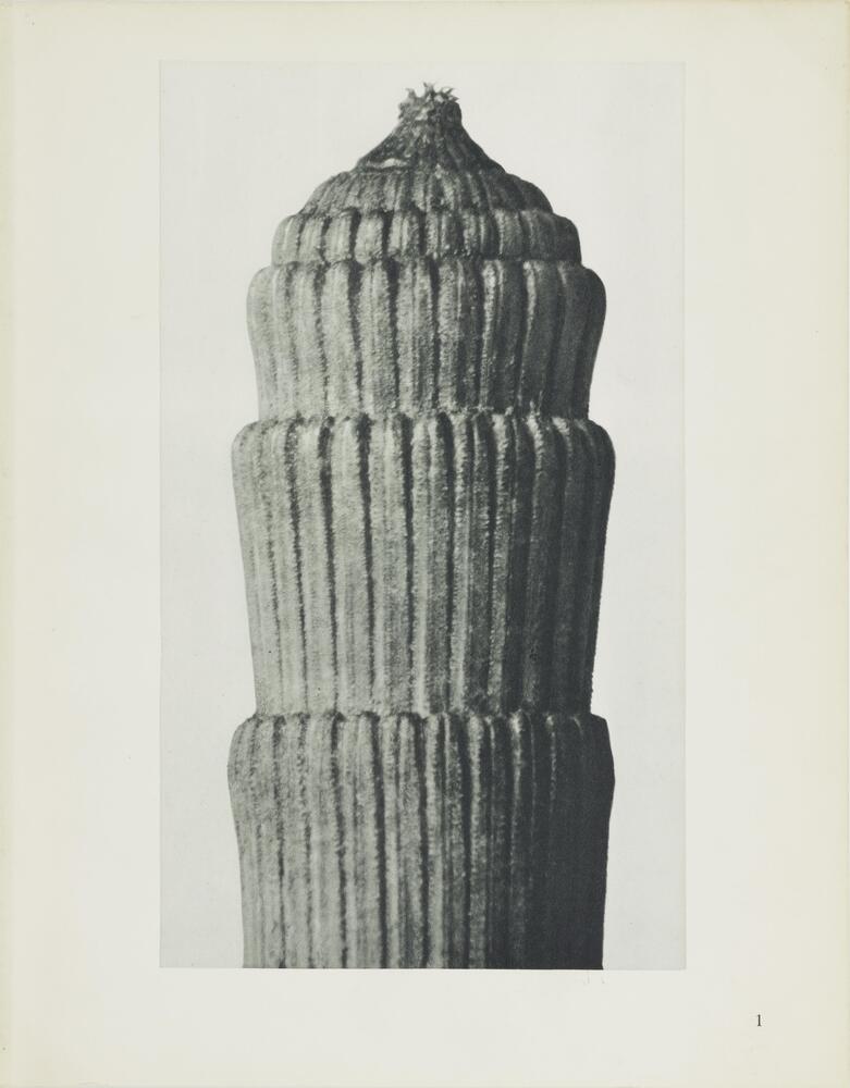 A black and white photograph of a conical structure with verticle ridges and six layers that diminish in size toward the top.