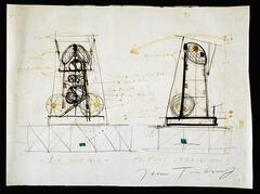 This preparatory drawing for a sculpture has two drawings, side-by-side, of a vertical structure that has a dome-shaped top. The structures sit on top of boxes with diagonal lines running through them. On the right, the drawing has directional arrows pointing from bottom to top and over the structure from right to left. On the sides of the two drawings are handwritten notes in gold ink. The drawing is titled, located and dated (l.c.) " "La Vittoria" Milano 1970 (26 Nov.)" in gold pen and signed in pencil (l.r.) "Jean Tingeuly.".